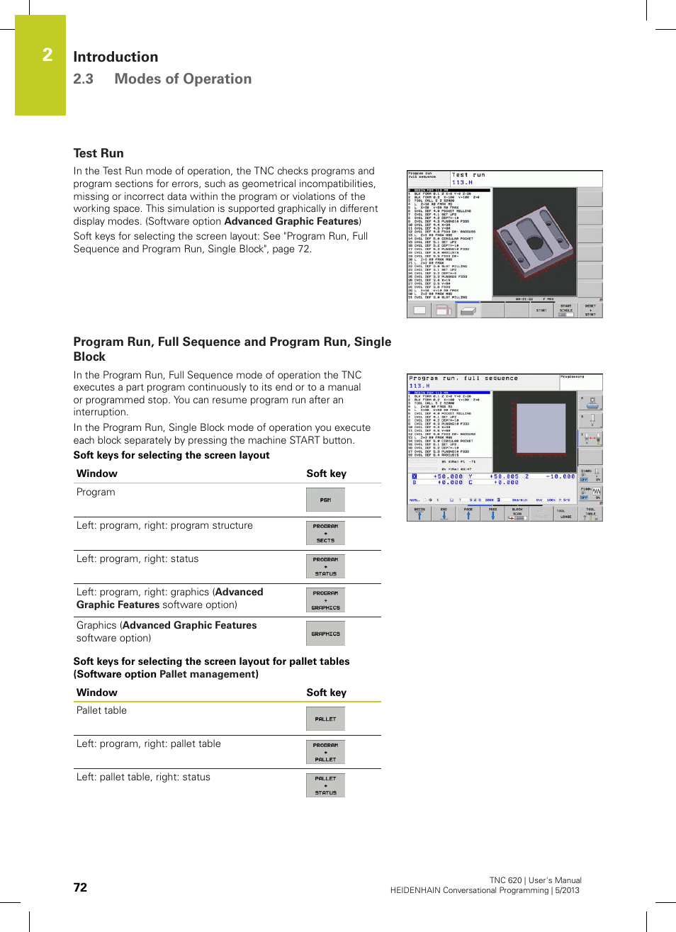 Test run, Introduction 2.3 modes of operation | HEIDENHAIN TNC 620 (73498x-02) User Manual | Page 72 / 599