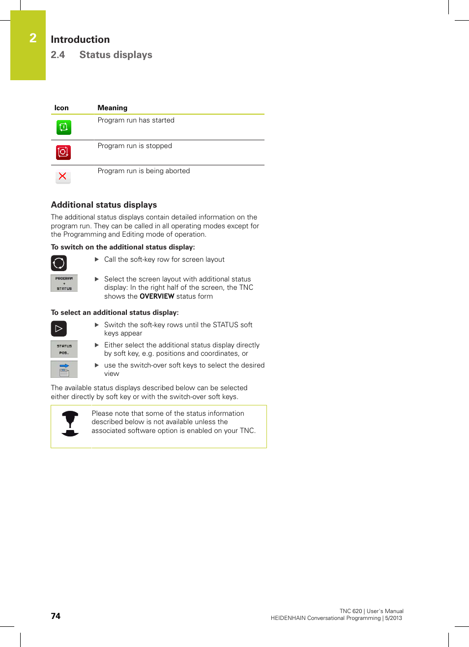 Additional status displays, Introduction 2.4 status displays | HEIDENHAIN TNC 620 (73498x-02) User Manual | Page 74 / 599