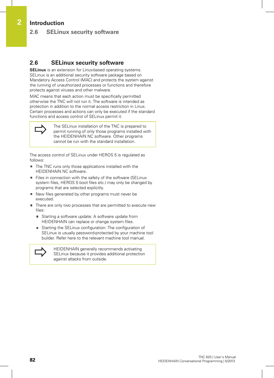 6 selinux security software, Selinux security software, Introduction 2.6 selinux security software | HEIDENHAIN TNC 620 (73498x-02) User Manual | Page 82 / 599