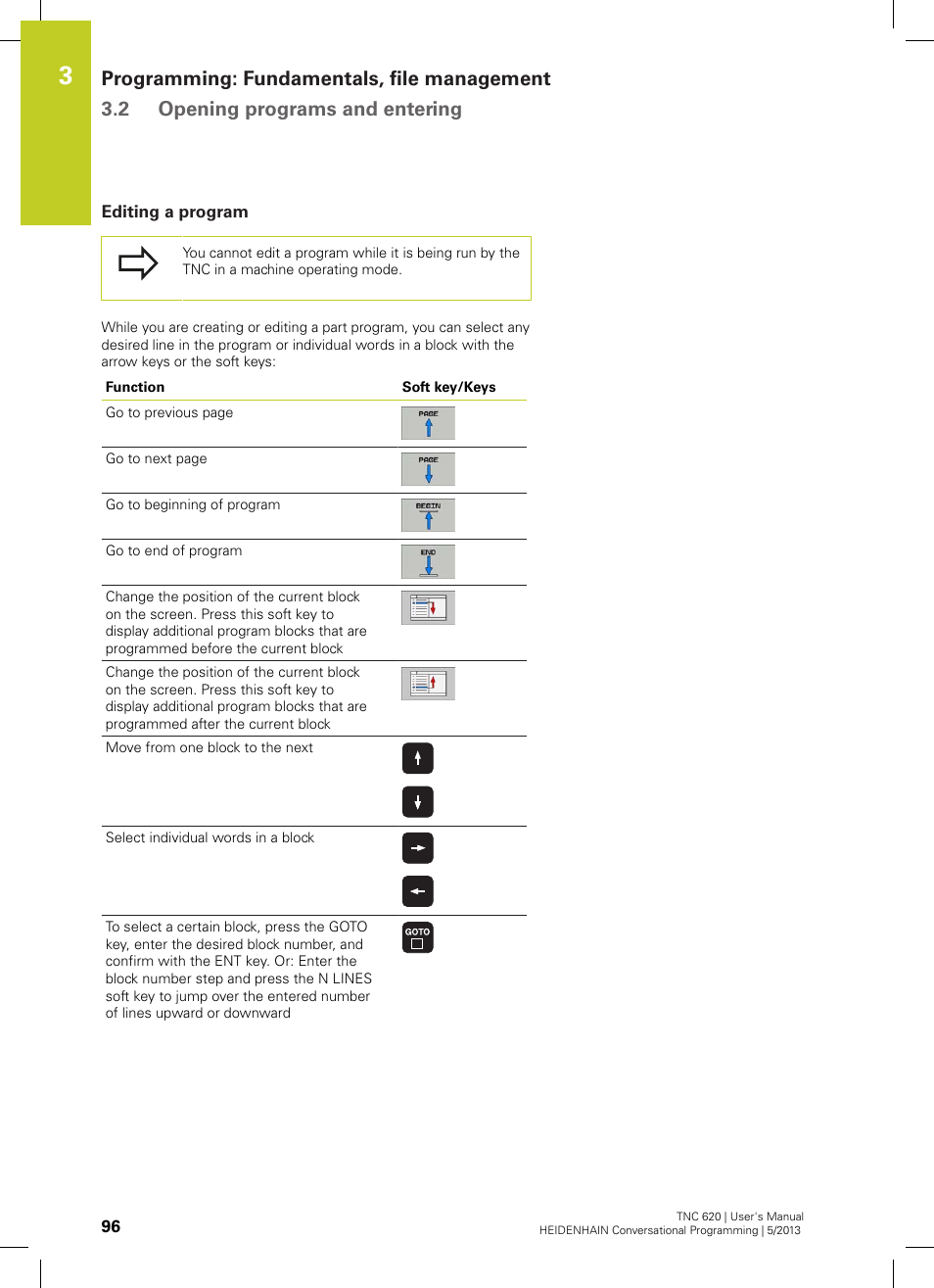 Editing a program | HEIDENHAIN TNC 620 (73498x-02) User Manual | Page 96 / 599