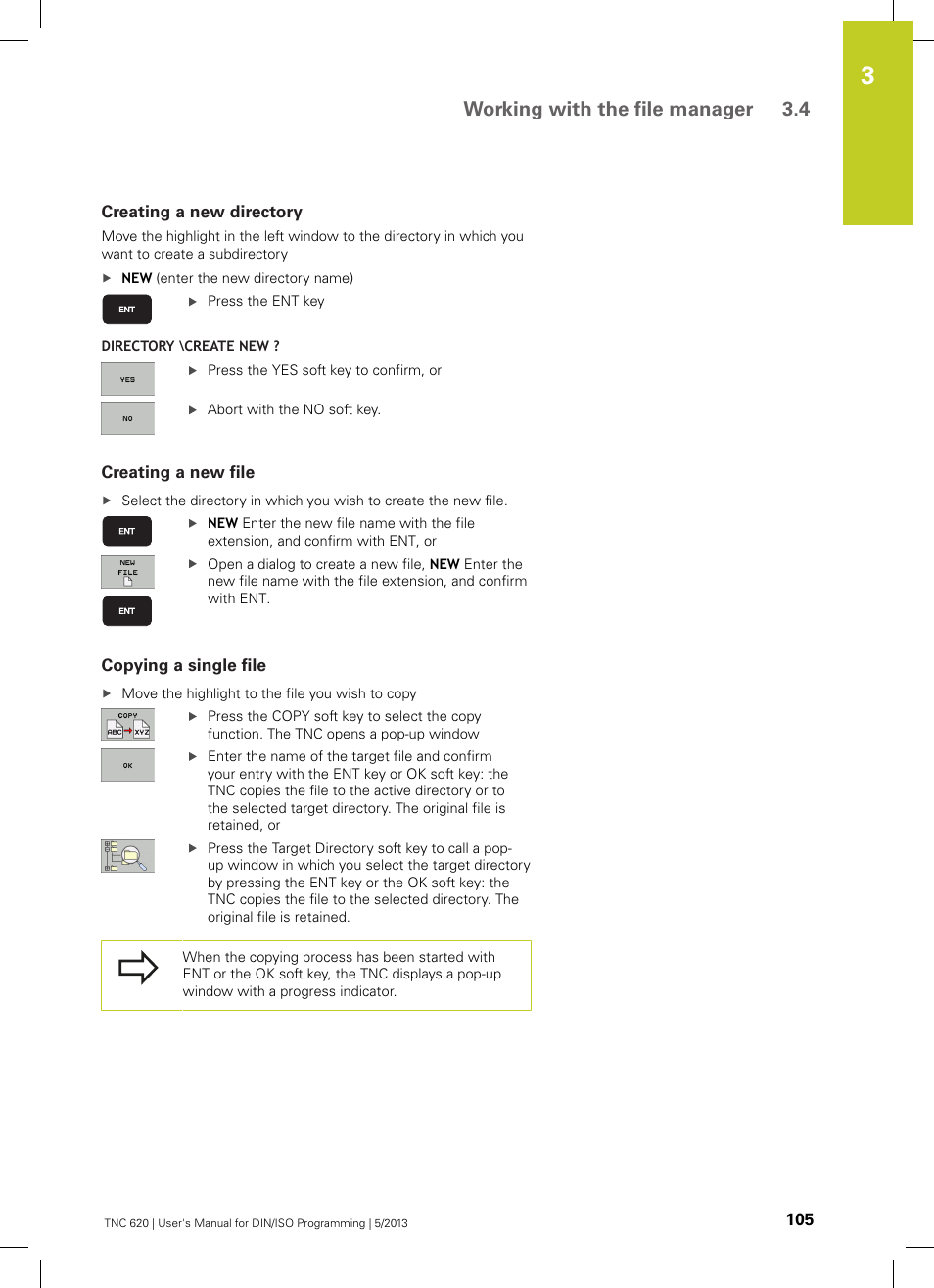 Creating a new directory, Creating a new file, Copying a single file | Working with the file manager 3.4 | HEIDENHAIN TNC 620 (73498x-02) ISO programming User Manual | Page 105 / 557
