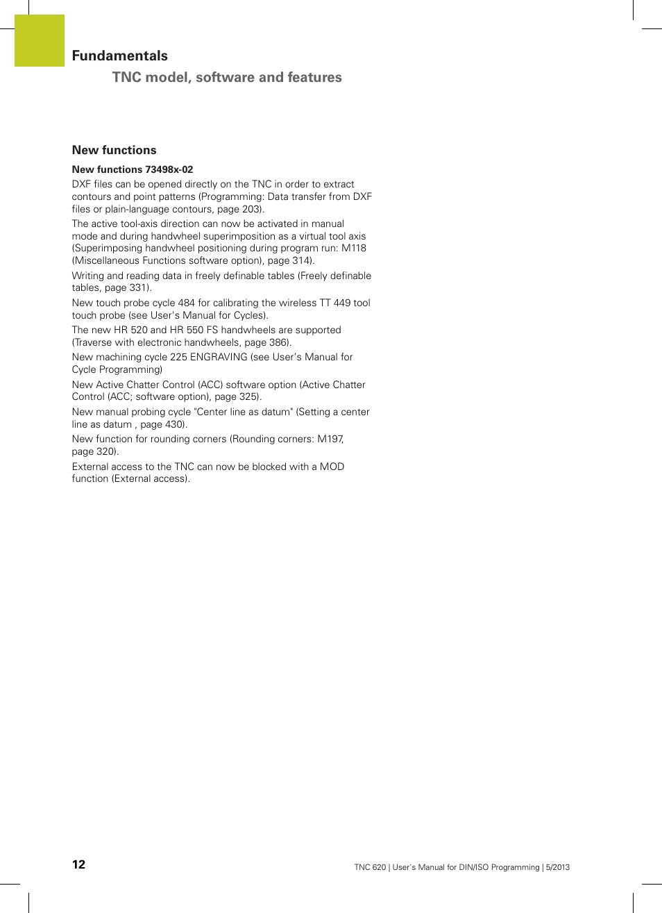 New functions, Fundamentals tnc model, software and features | HEIDENHAIN TNC 620 (73498x-02) ISO programming User Manual | Page 12 / 557