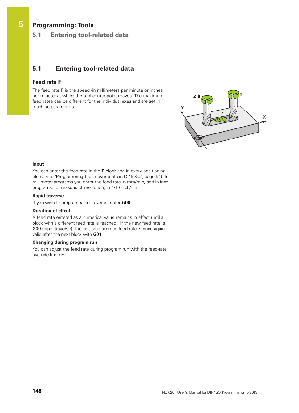 1 entering tool-related data, Feed rate f, Entering tool-related data | Programming: tools 5.1 entering tool-related data | HEIDENHAIN TNC 620 (73498x-02) ISO programming User Manual | Page 148 / 557