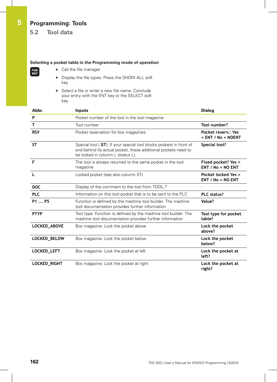 Programming: tools 5.2 tool data | HEIDENHAIN TNC 620 (73498x-02) ISO programming User Manual | Page 162 / 557