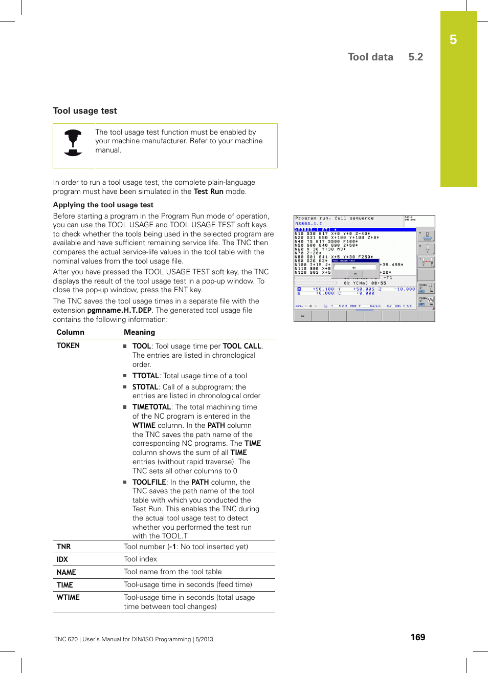 Tool usage test, Tool data 5.2 | HEIDENHAIN TNC 620 (73498x-02) ISO programming User Manual | Page 169 / 557