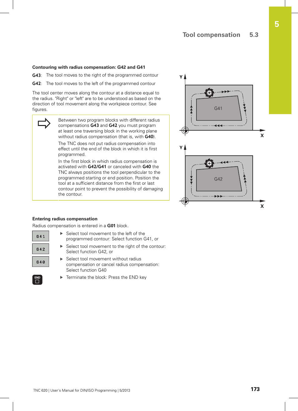 Tool compensation 5.3 | HEIDENHAIN TNC 620 (73498x-02) ISO programming User Manual | Page 173 / 557