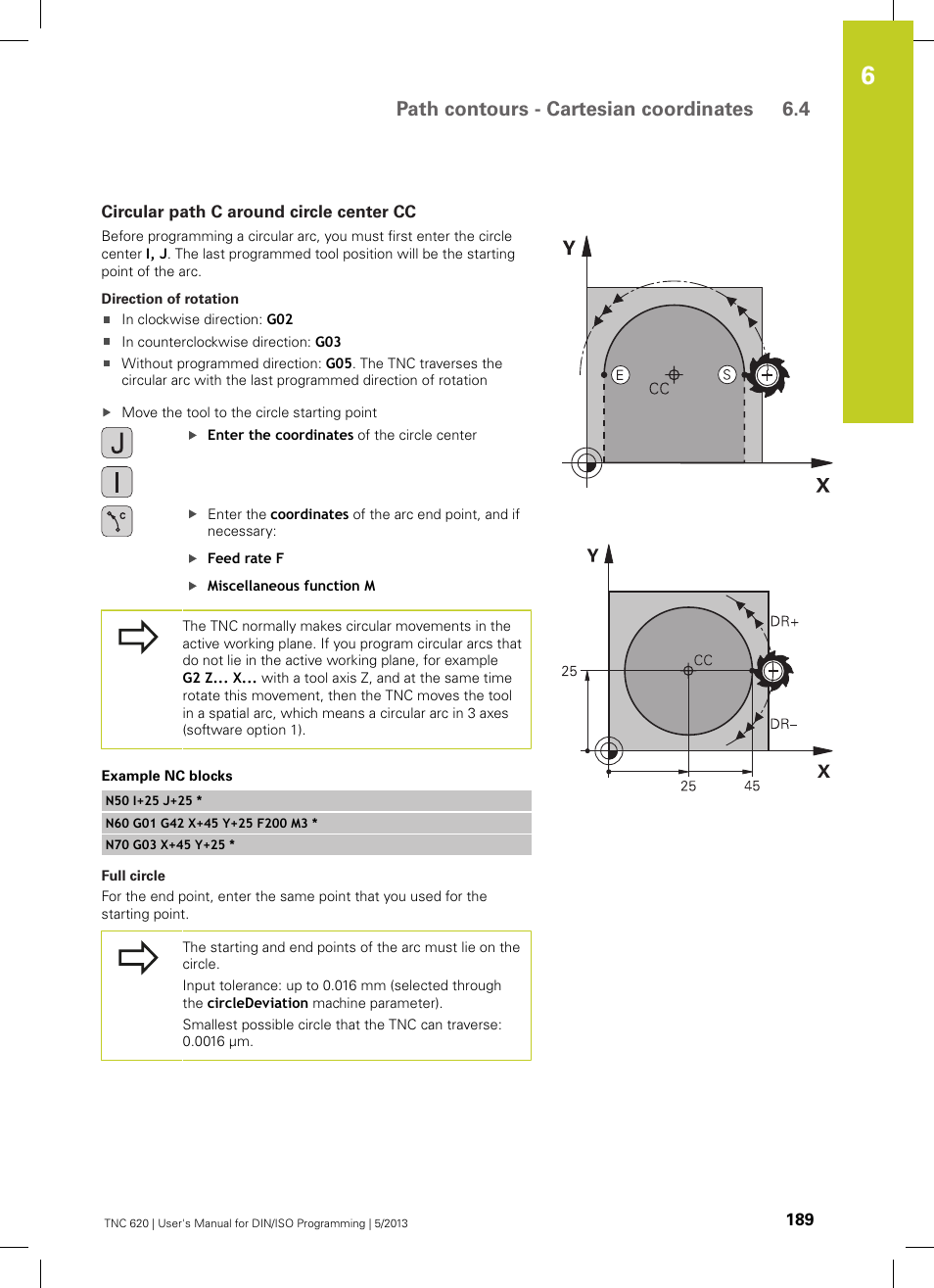 Circular path c around circle center cc, Path contours - cartesian coordinates 6.4 | HEIDENHAIN TNC 620 (73498x-02) ISO programming User Manual | Page 189 / 557