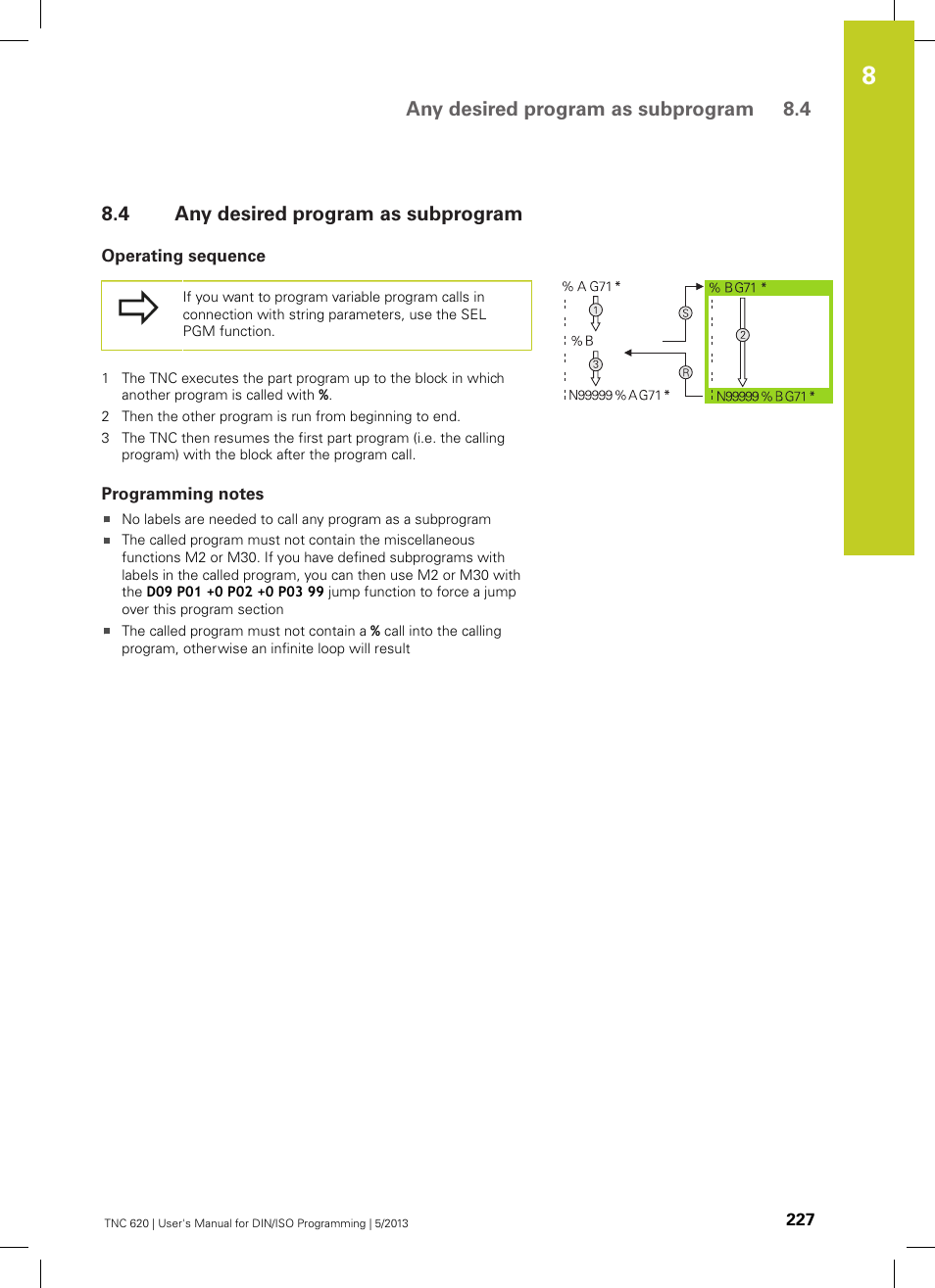 4 any desired program as subprogram, Operating sequence, Programming notes | Any desired program as subprogram, Any desired program as subprogram 8.4 | HEIDENHAIN TNC 620 (73498x-02) ISO programming User Manual | Page 227 / 557