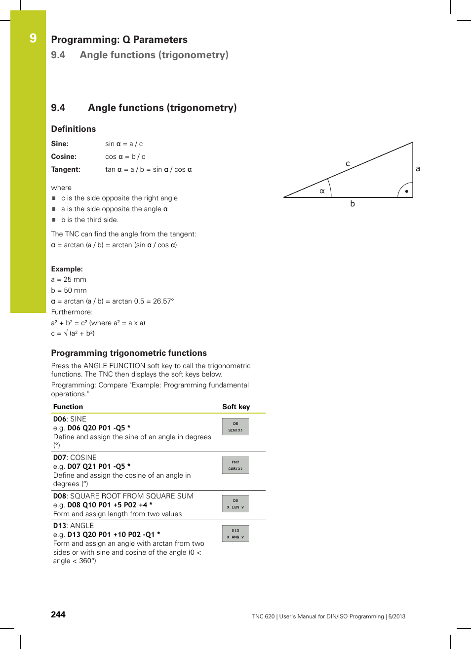 4 angle functions (trigonometry), Definitions, Programming trigonometric functions | Angle functions (trigonometry) | HEIDENHAIN TNC 620 (73498x-02) ISO programming User Manual | Page 244 / 557