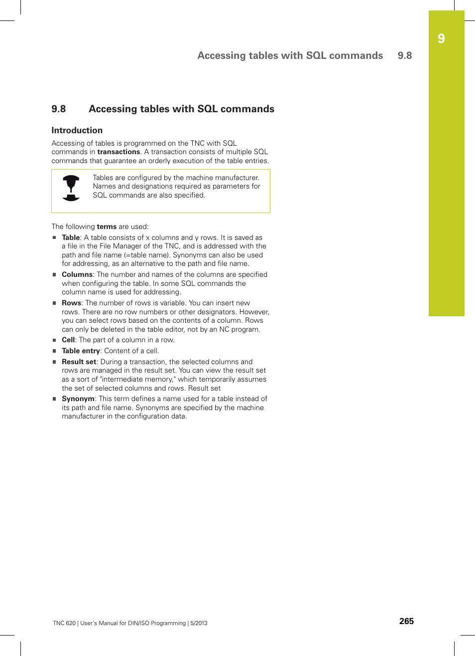 8 accessing tables with sql commands, Introduction, Accessing tables with sql commands | Accessing tables with sql commands 9.8 | HEIDENHAIN TNC 620 (73498x-02) ISO programming User Manual | Page 265 / 557