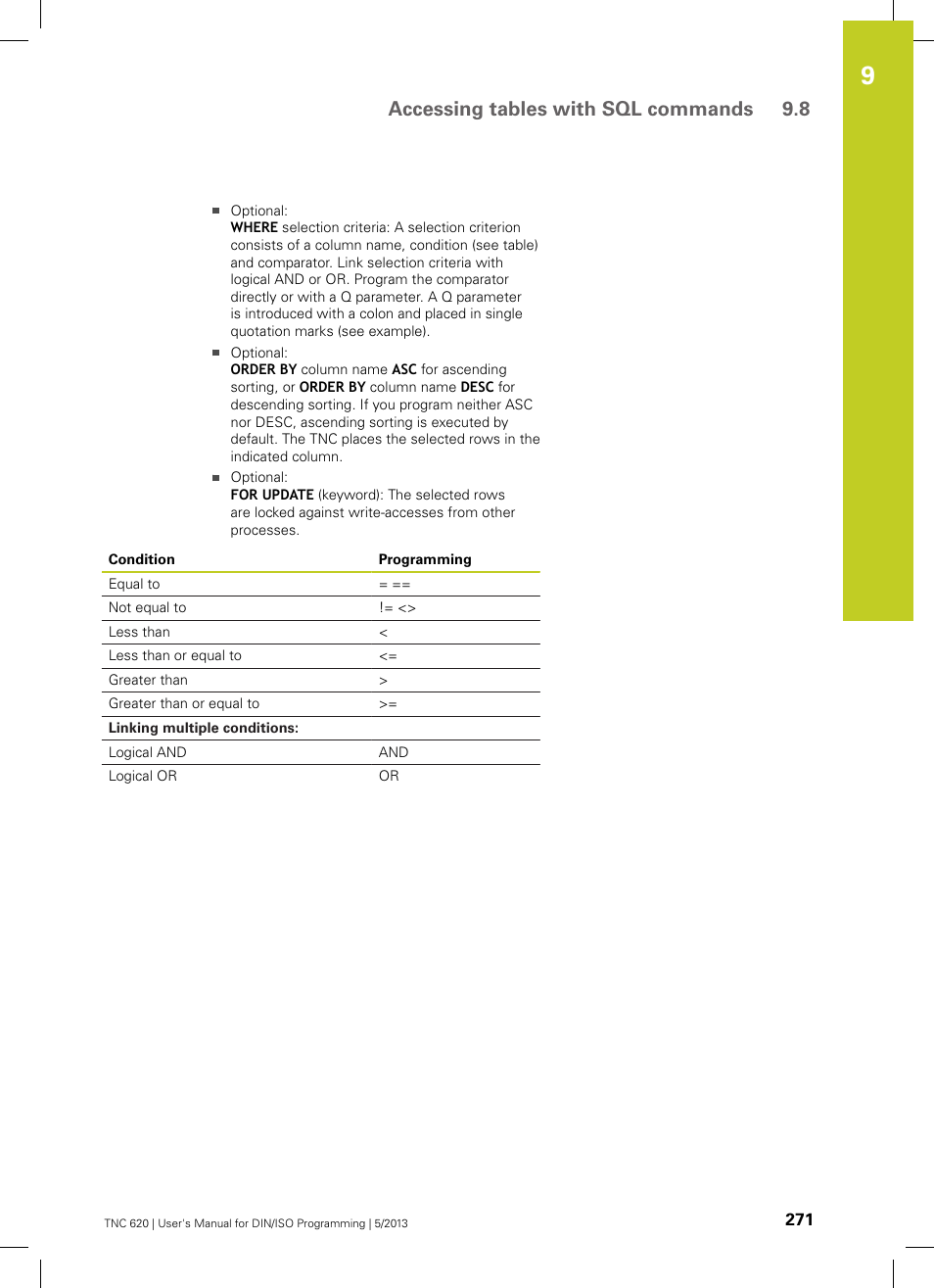 Accessing tables with sql commands 9.8 | HEIDENHAIN TNC 620 (73498x-02) ISO programming User Manual | Page 271 / 557