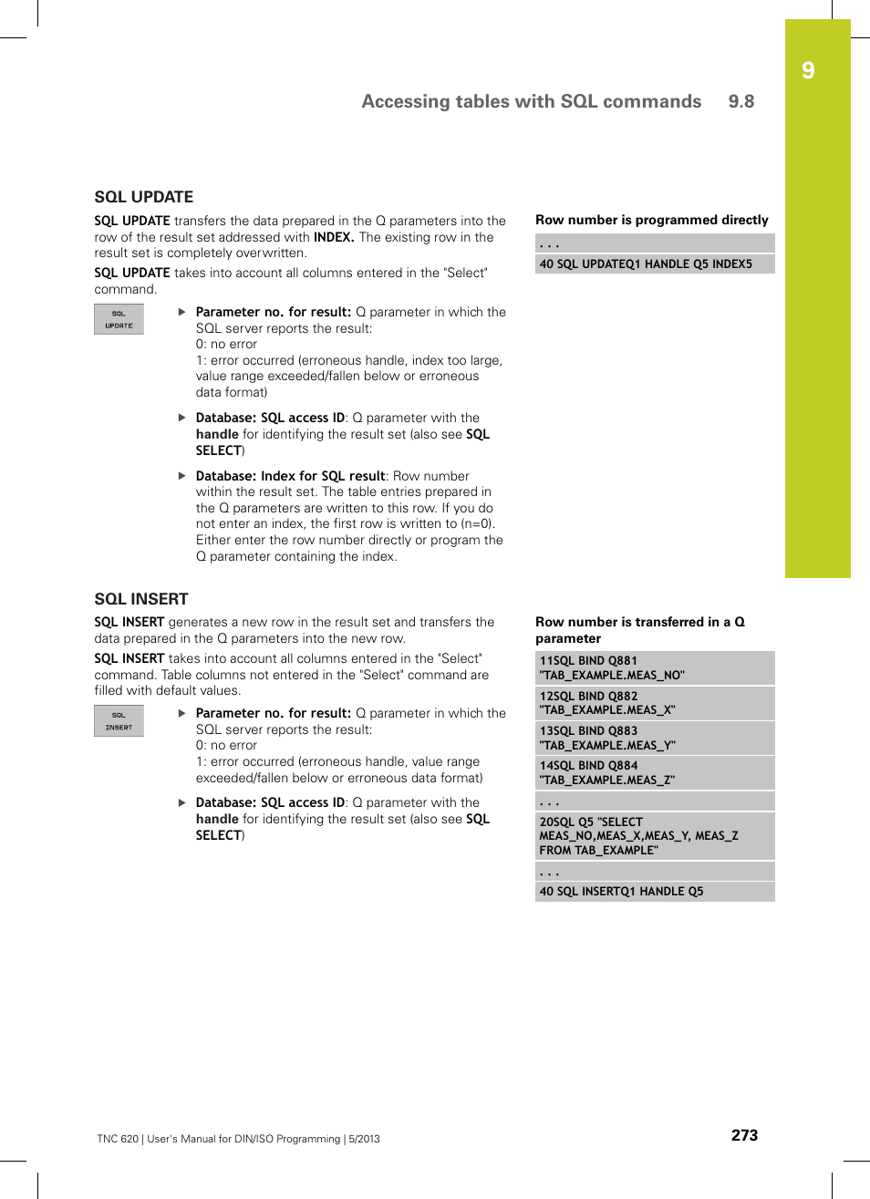 Sql update, Sql insert, Accessing tables with sql commands 9.8 | HEIDENHAIN TNC 620 (73498x-02) ISO programming User Manual | Page 273 / 557