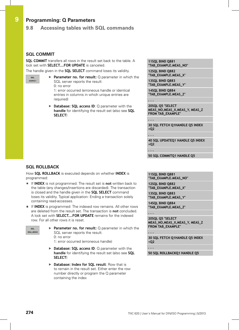 Sql commit, Sql rollback | HEIDENHAIN TNC 620 (73498x-02) ISO programming User Manual | Page 274 / 557