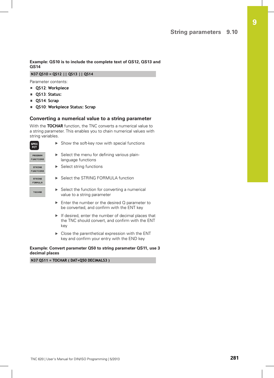 Converting a numerical value to a string parameter, String parameters 9.10 | HEIDENHAIN TNC 620 (73498x-02) ISO programming User Manual | Page 281 / 557