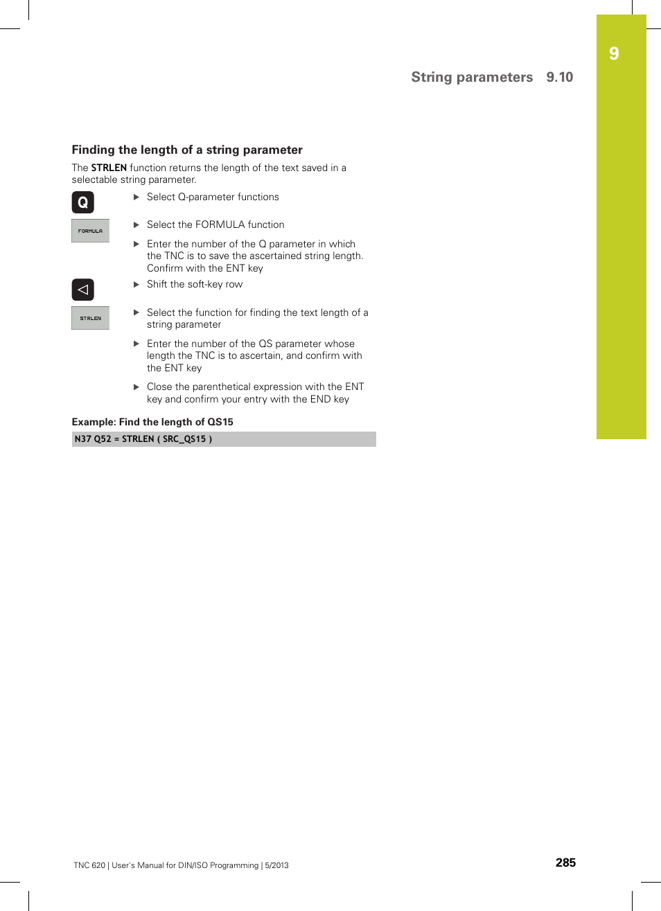 Finding the length of a string parameter, String parameters 9.10 | HEIDENHAIN TNC 620 (73498x-02) ISO programming User Manual | Page 285 / 557