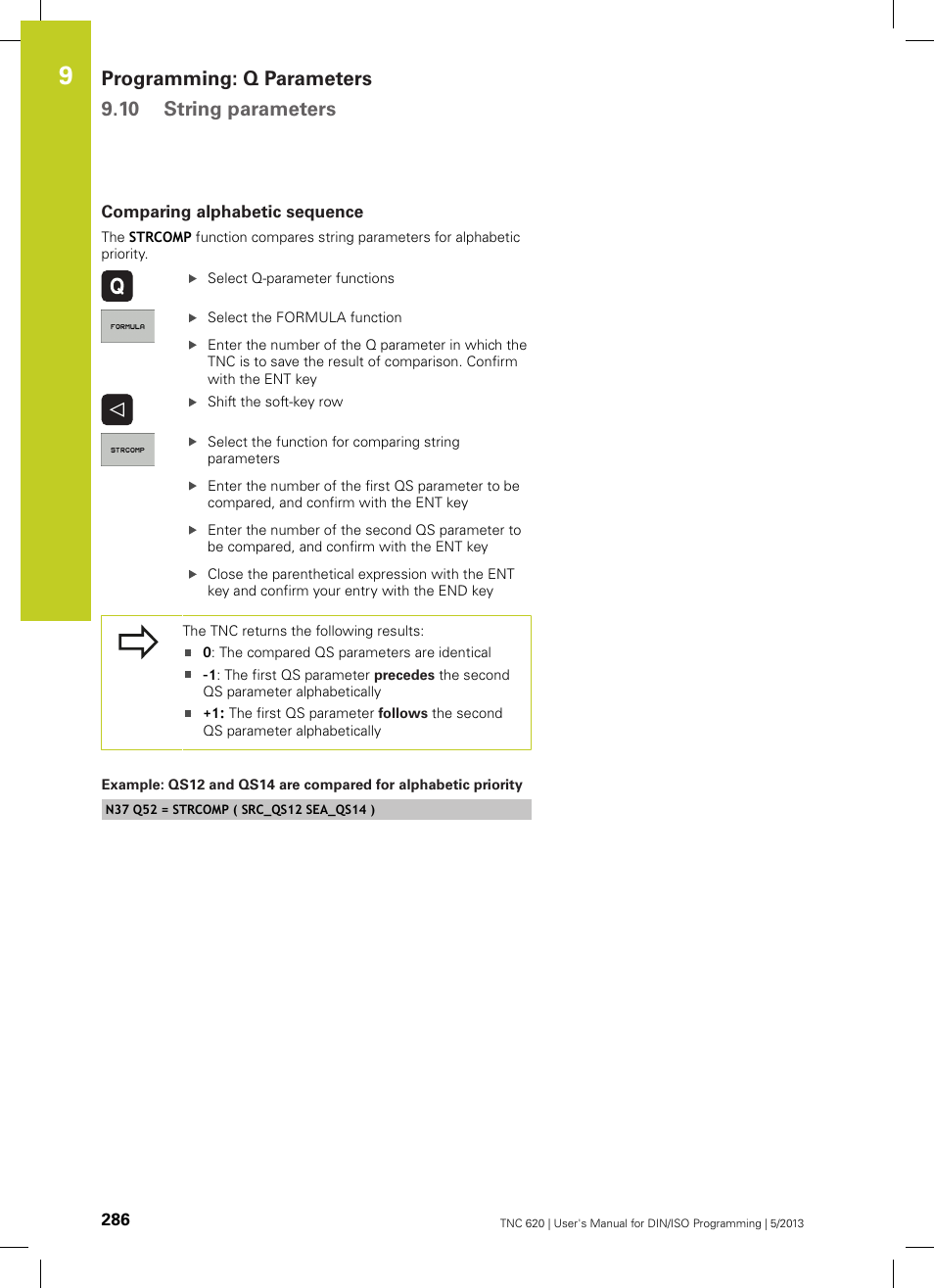 Comparing alphabetic sequence, Programming: q parameters 9.10 string parameters | HEIDENHAIN TNC 620 (73498x-02) ISO programming User Manual | Page 286 / 557