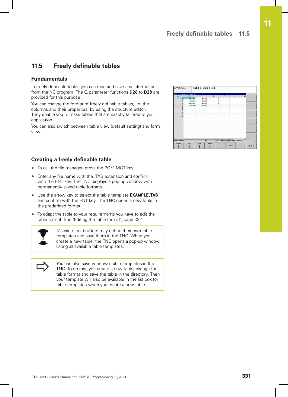 5 freely definable tables, Fundamentals, Creating a freely definable table | Freely definable tables, Freely definable tables 11.5 | HEIDENHAIN TNC 620 (73498x-02) ISO programming User Manual | Page 331 / 557