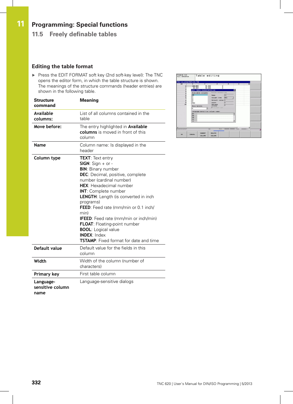 Editing the table format | HEIDENHAIN TNC 620 (73498x-02) ISO programming User Manual | Page 332 / 557