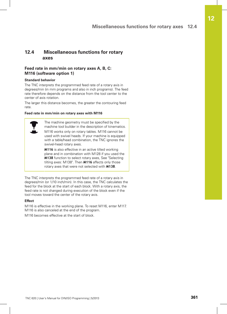 4 miscellaneous functions for rotary axes, Miscellaneous functions for rotary axes, Miscellaneous functions for rotary axes 12.4 | HEIDENHAIN TNC 620 (73498x-02) ISO programming User Manual | Page 361 / 557