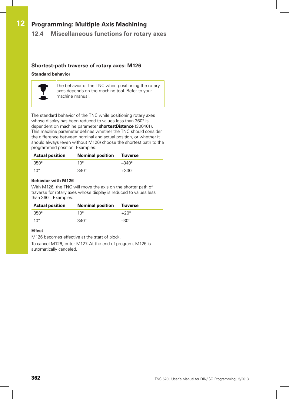 Shortest-path traverse of rotary axes: m126 | HEIDENHAIN TNC 620 (73498x-02) ISO programming User Manual | Page 362 / 557