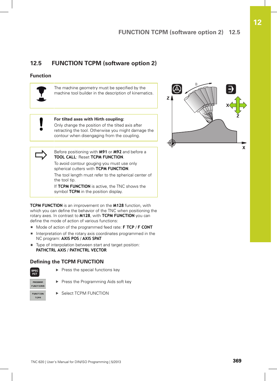 5 function tcpm (software option 2), Function, Defining the tcpm function | Function tcpm (software option 2), Function tcpm (software option 2) 12.5 | HEIDENHAIN TNC 620 (73498x-02) ISO programming User Manual | Page 369 / 557