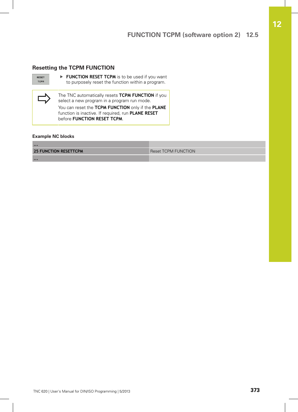Resetting the tcpm function, Function tcpm (software option 2) 12.5 | HEIDENHAIN TNC 620 (73498x-02) ISO programming User Manual | Page 373 / 557