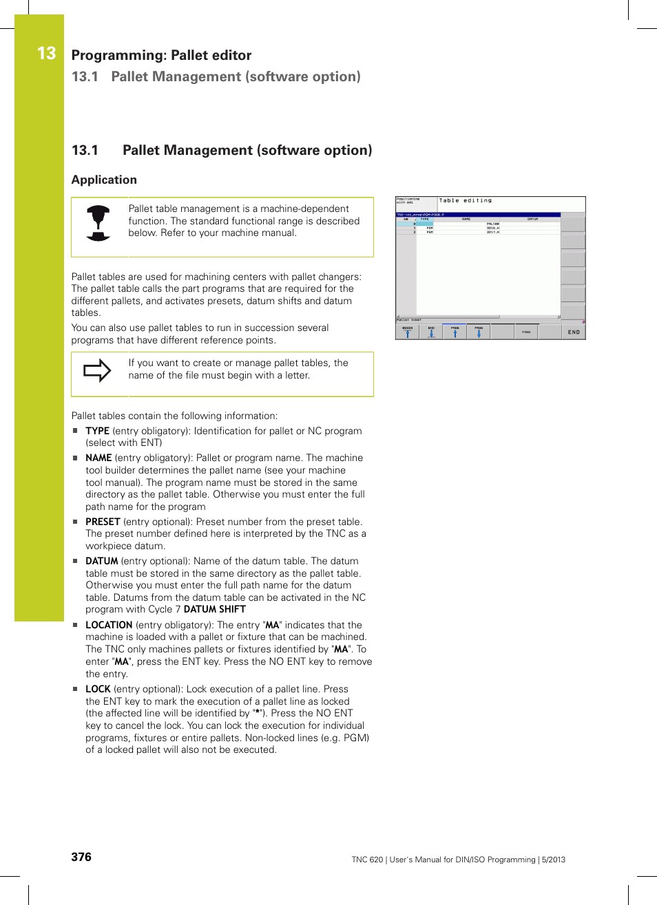 1 pallet management (software option), Application, Pallet management (software option) | HEIDENHAIN TNC 620 (73498x-02) ISO programming User Manual | Page 376 / 557