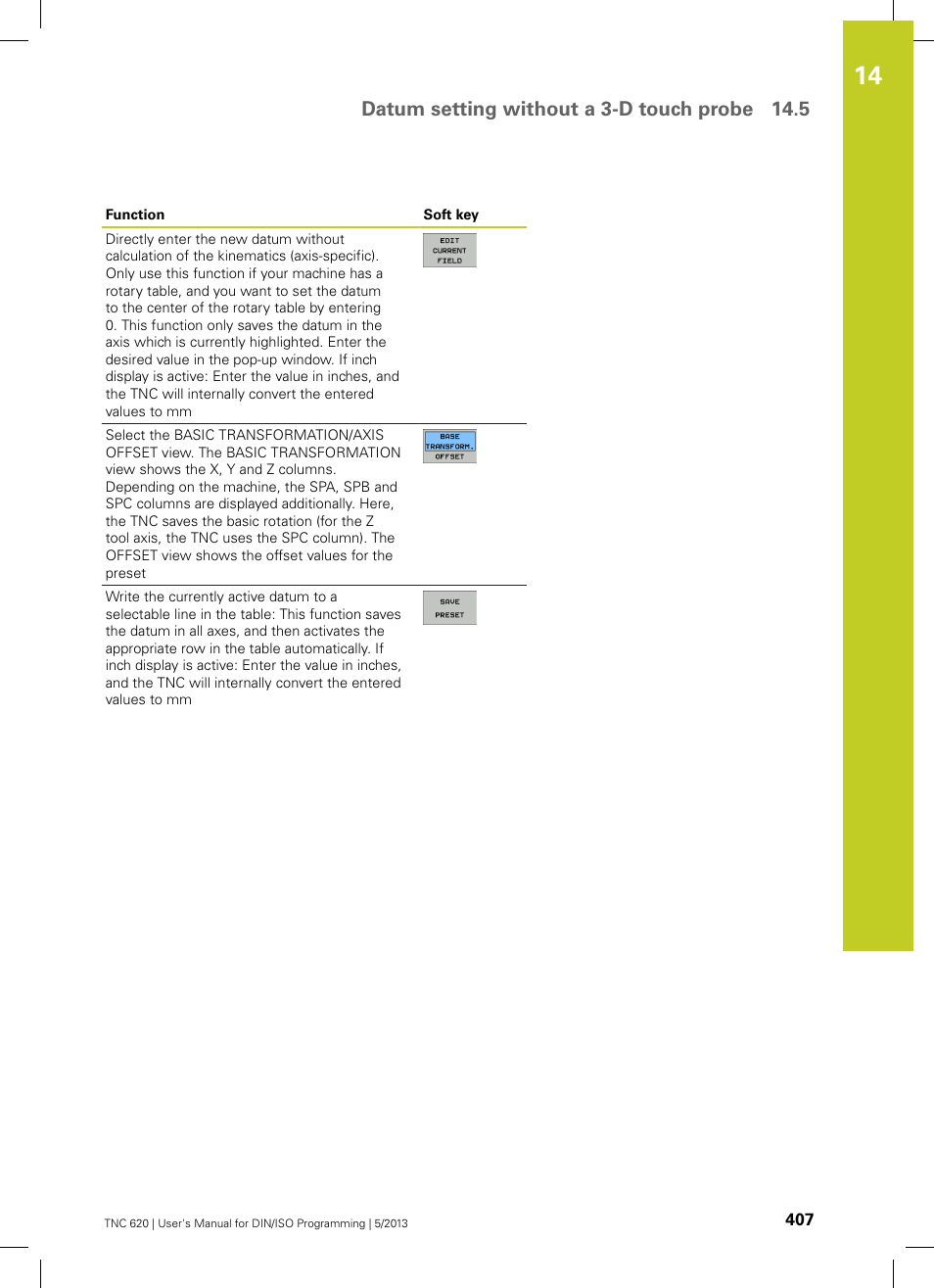 Datum setting without a 3-d touch probe 14.5 | HEIDENHAIN TNC 620 (73498x-02) ISO programming User Manual | Page 407 / 557