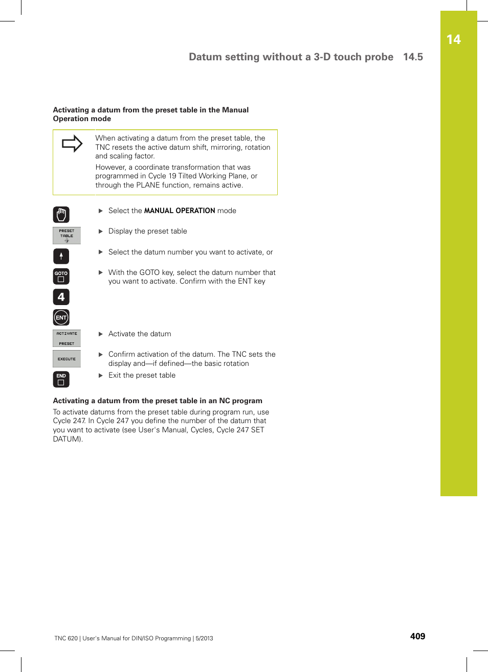 Datum setting without a 3-d touch probe 14.5 | HEIDENHAIN TNC 620 (73498x-02) ISO programming User Manual | Page 409 / 557