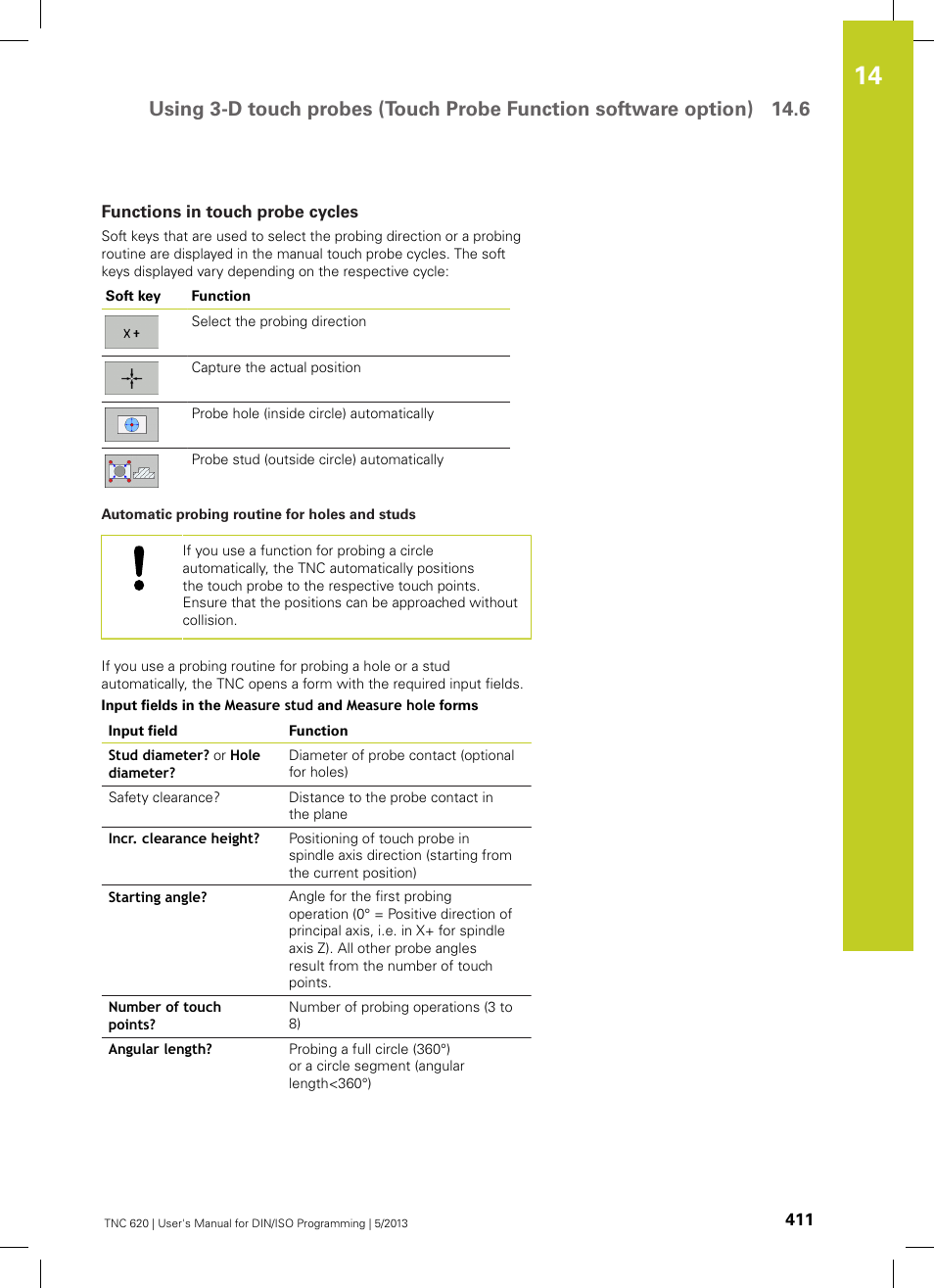 Functions in touch probe cycles | HEIDENHAIN TNC 620 (73498x-02) ISO programming User Manual | Page 411 / 557