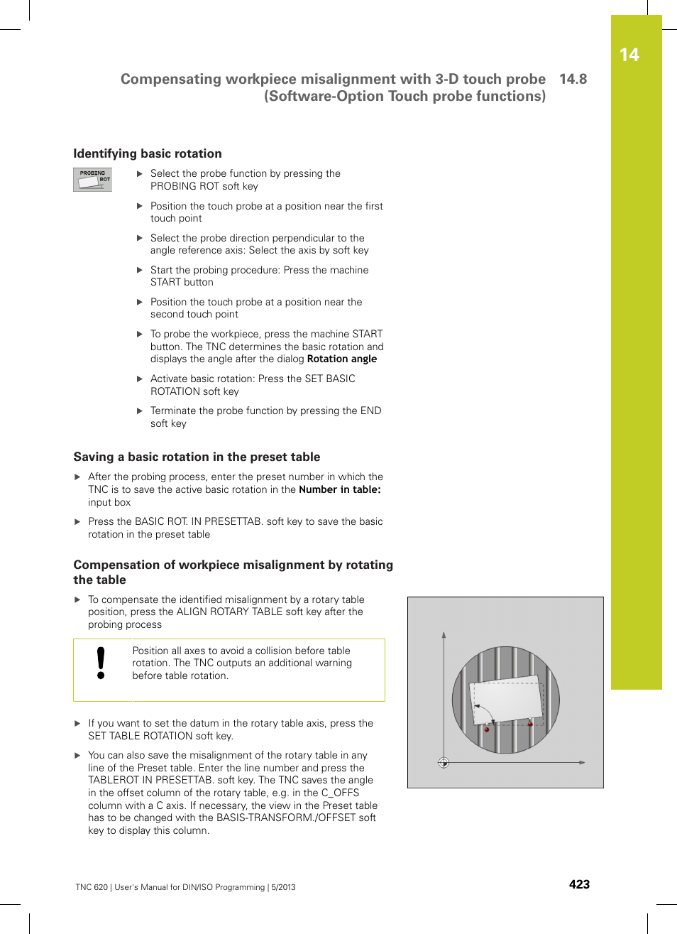 Identifying basic rotation, Saving a basic rotation in the preset table | HEIDENHAIN TNC 620 (73498x-02) ISO programming User Manual | Page 423 / 557