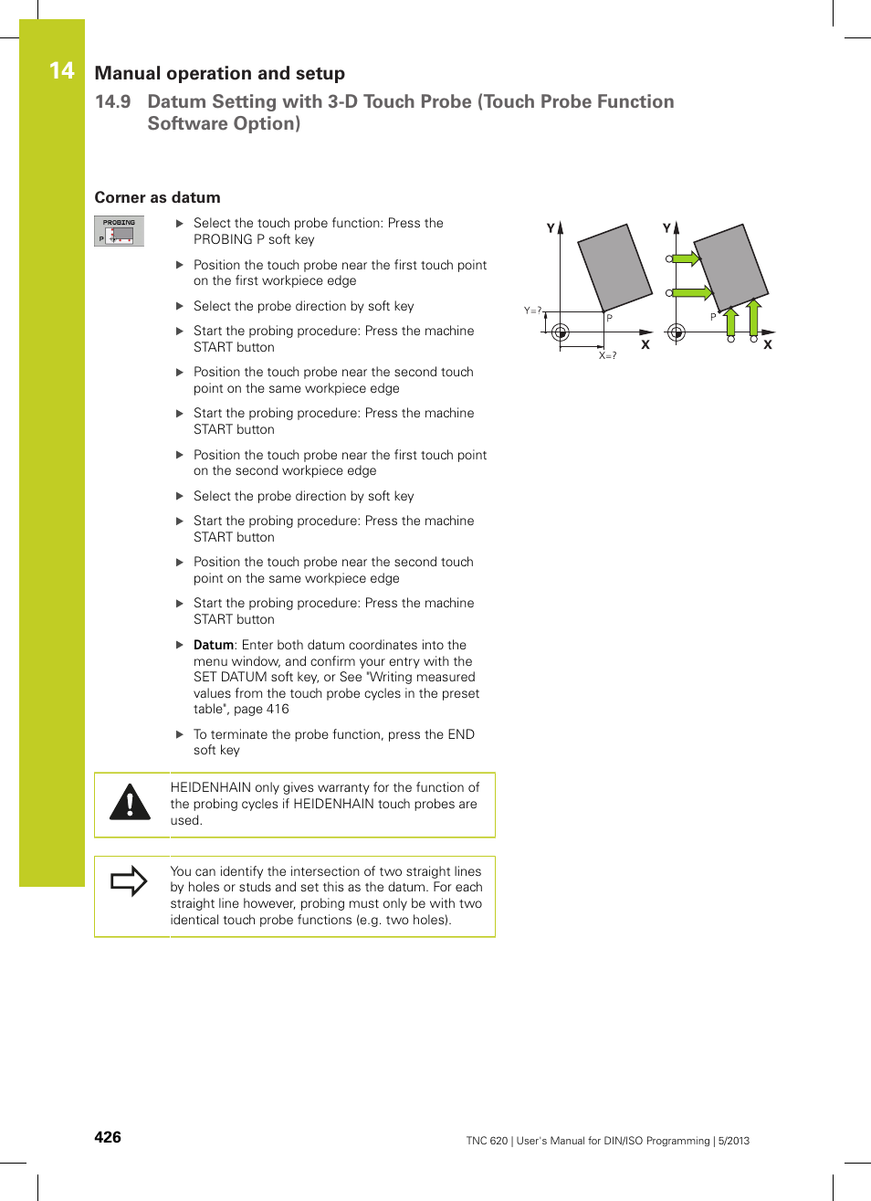 Corner as datum | HEIDENHAIN TNC 620 (73498x-02) ISO programming User Manual | Page 426 / 557