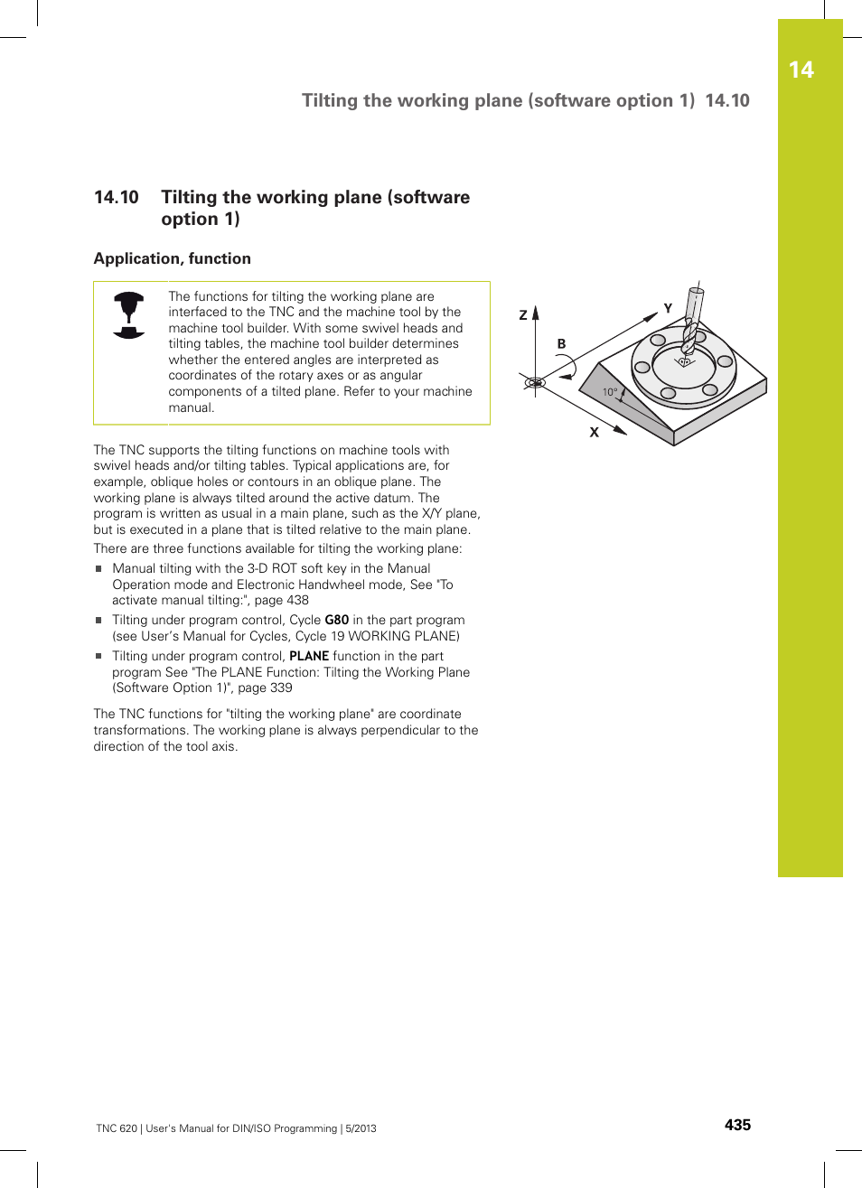 10 tilting the working plane (software option 1), Application, function, Tilting the working plane (software option 1) | HEIDENHAIN TNC 620 (73498x-02) ISO programming User Manual | Page 435 / 557