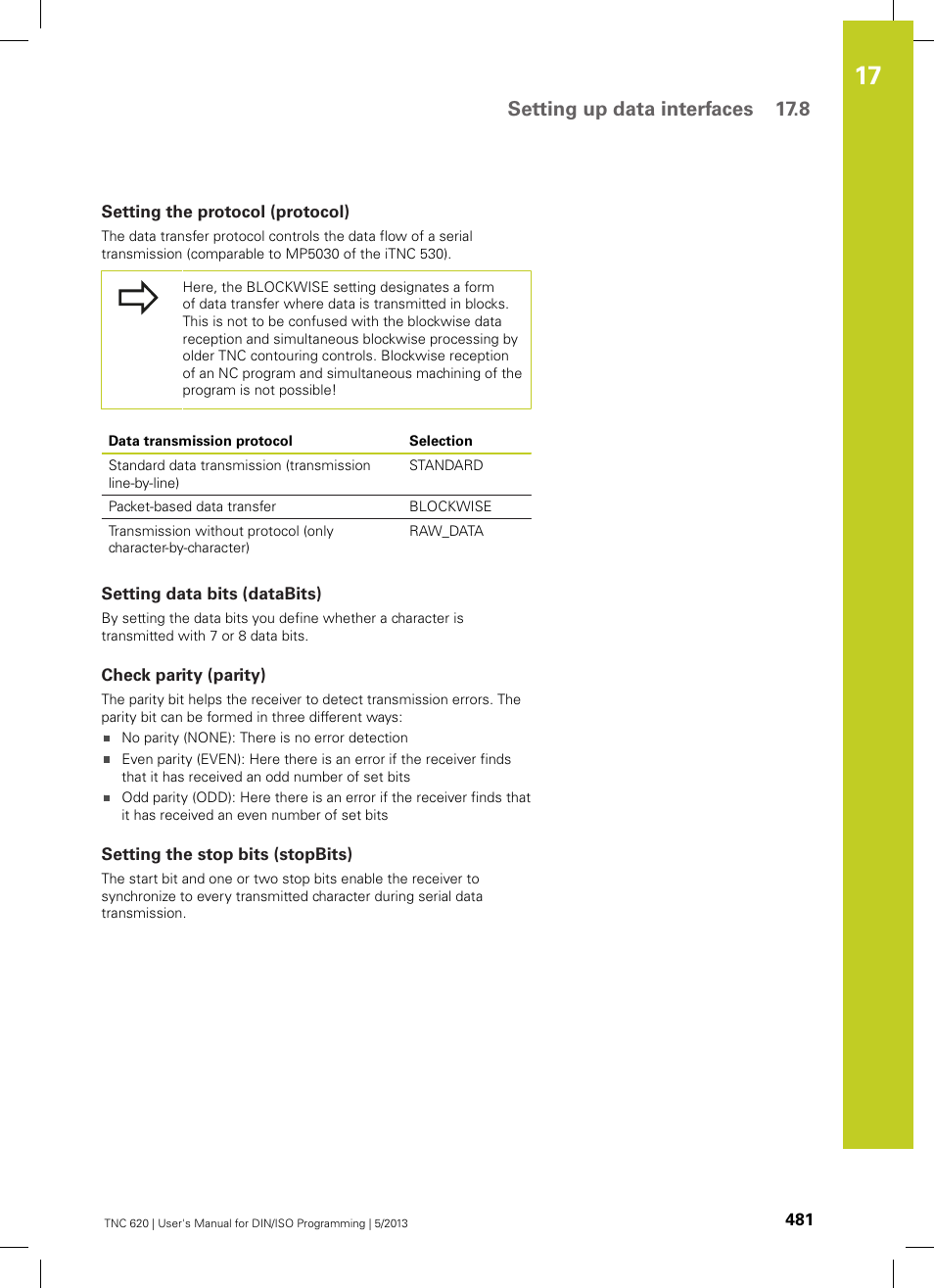 Setting the protocol (protocol), Setting data bits (databits), Check parity (parity) | Setting the stop bits (stopbits), Setting up data interfaces 17.8 | HEIDENHAIN TNC 620 (73498x-02) ISO programming User Manual | Page 481 / 557