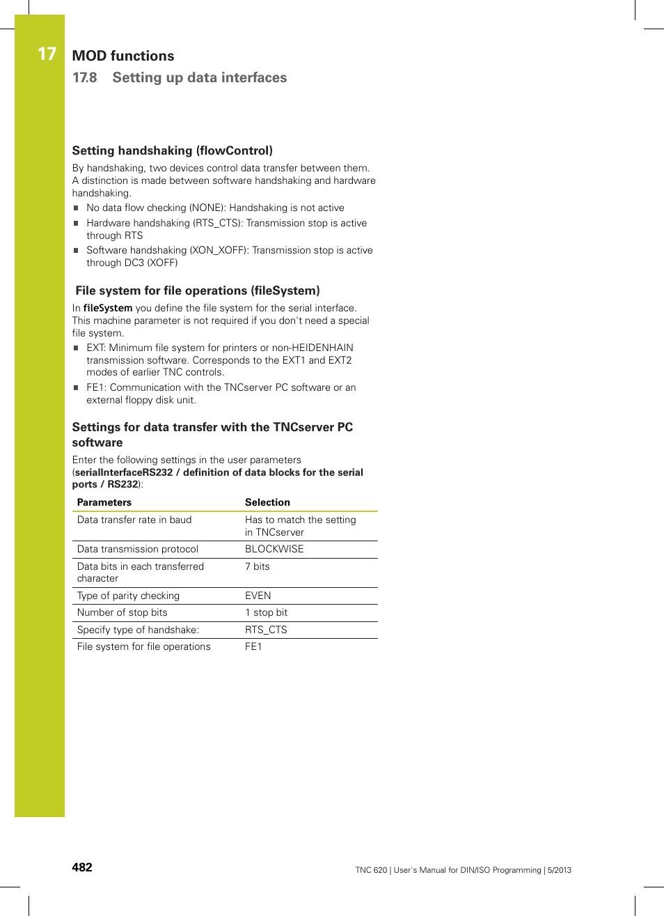 Setting handshaking (flowcontrol), File system for file operations (filesystem), Mod functions 17.8 setting up data interfaces | HEIDENHAIN TNC 620 (73498x-02) ISO programming User Manual | Page 482 / 557