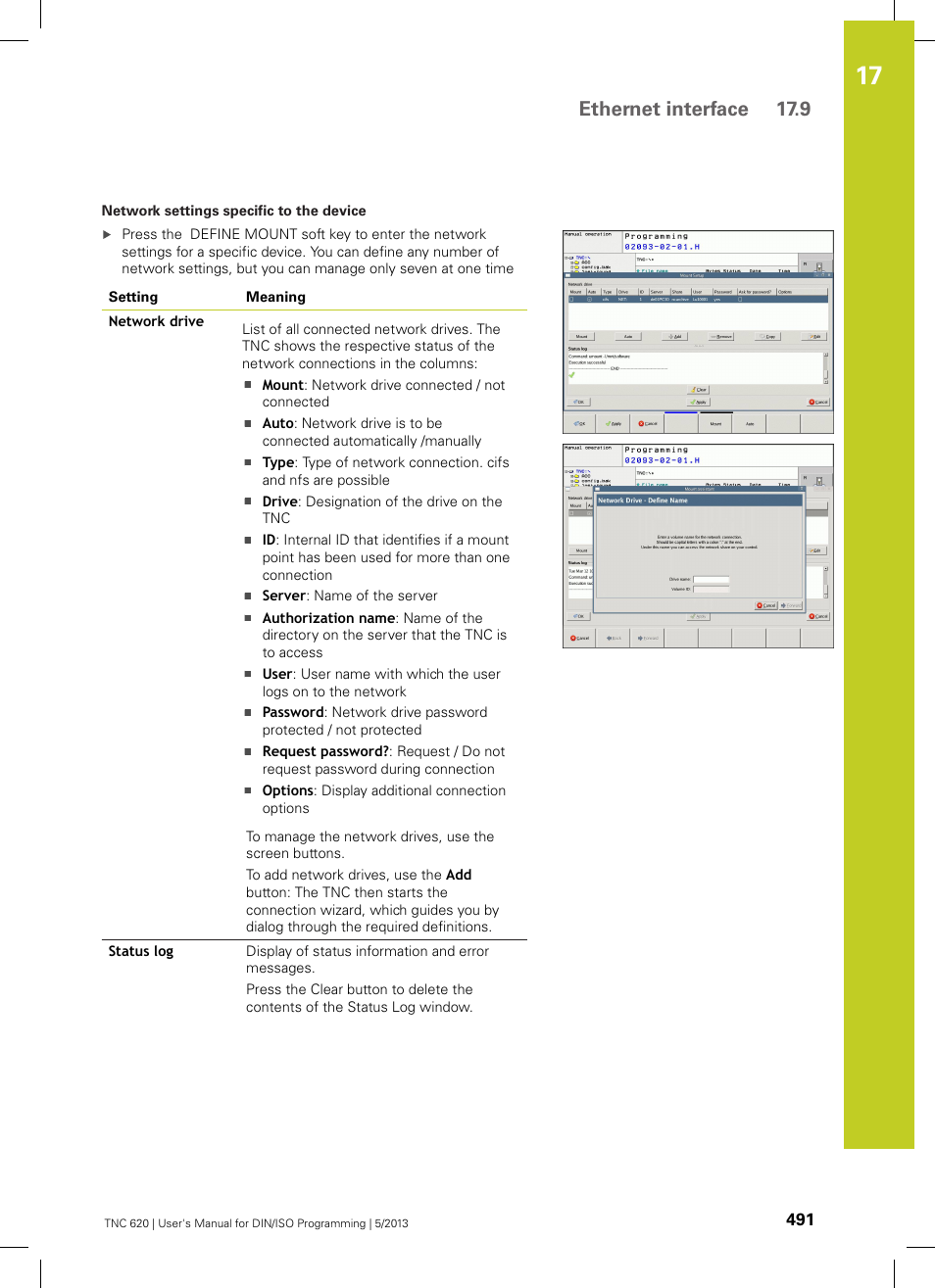 Ethernet interface 17.9 | HEIDENHAIN TNC 620 (73498x-02) ISO programming User Manual | Page 491 / 557