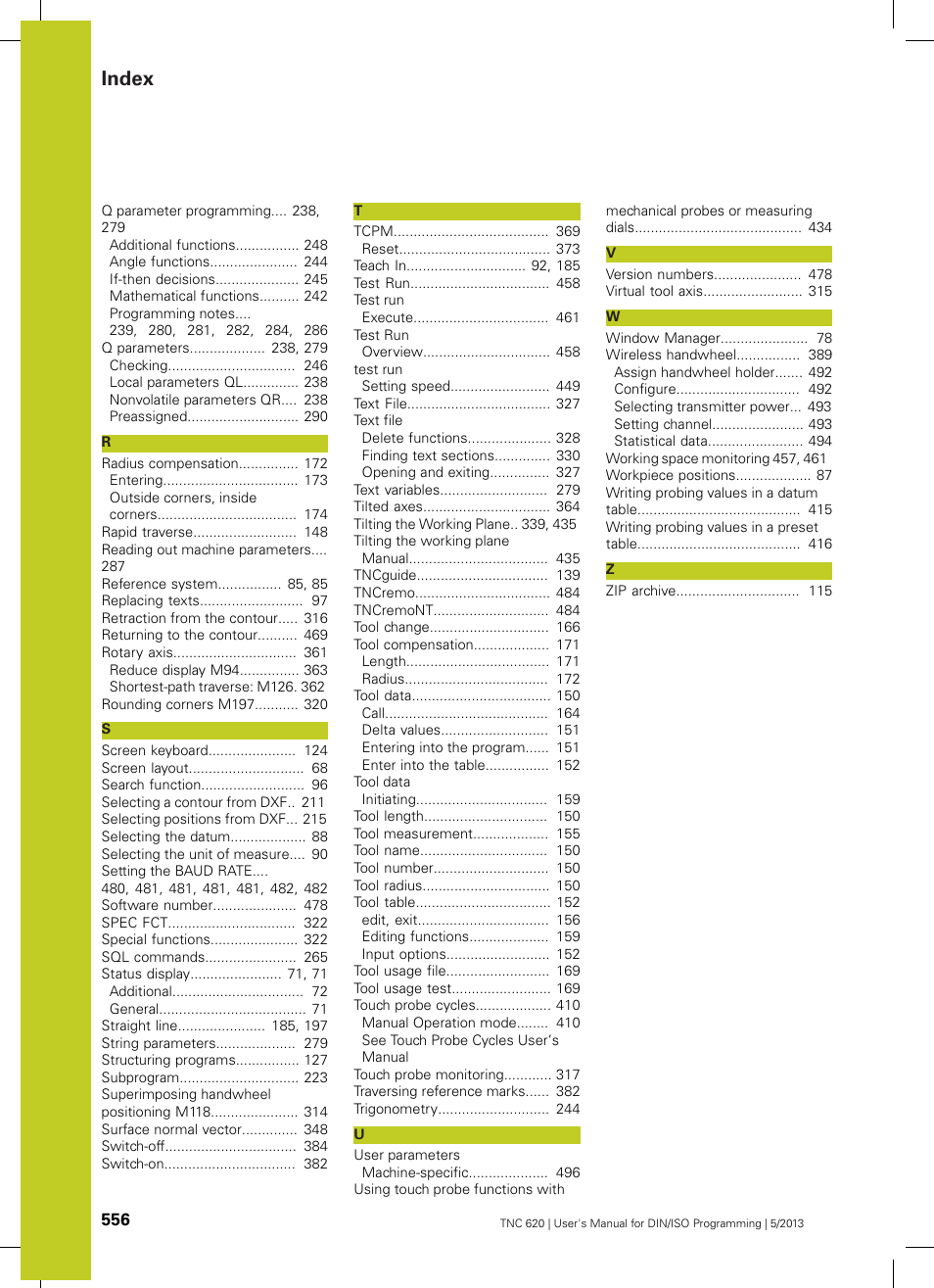 Index | HEIDENHAIN TNC 620 (73498x-02) ISO programming User Manual | Page 556 / 557
