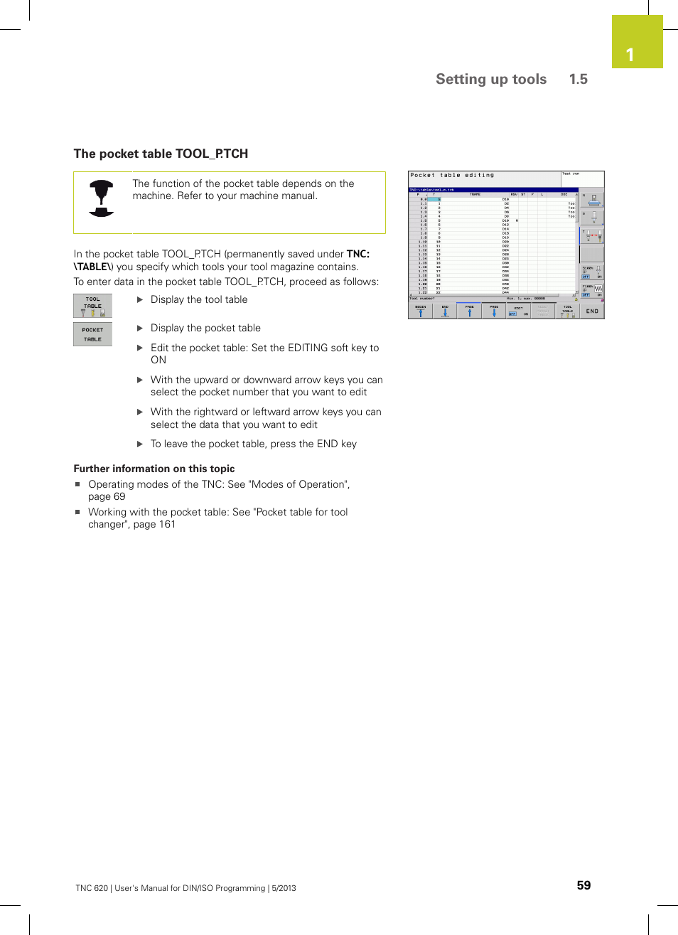 The pocket table tool_p.tch, Setting up tools 1.5 | HEIDENHAIN TNC 620 (73498x-02) ISO programming User Manual | Page 59 / 557