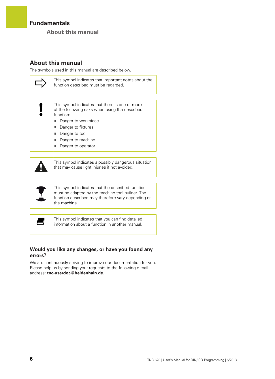 About this manual, Fundamentals about this manual | HEIDENHAIN TNC 620 (73498x-02) ISO programming User Manual | Page 6 / 557