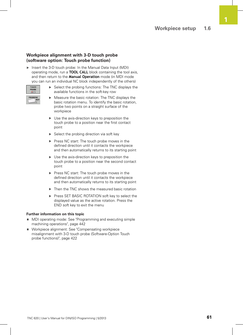 Workpiece setup 1.6 | HEIDENHAIN TNC 620 (73498x-02) ISO programming User Manual | Page 61 / 557