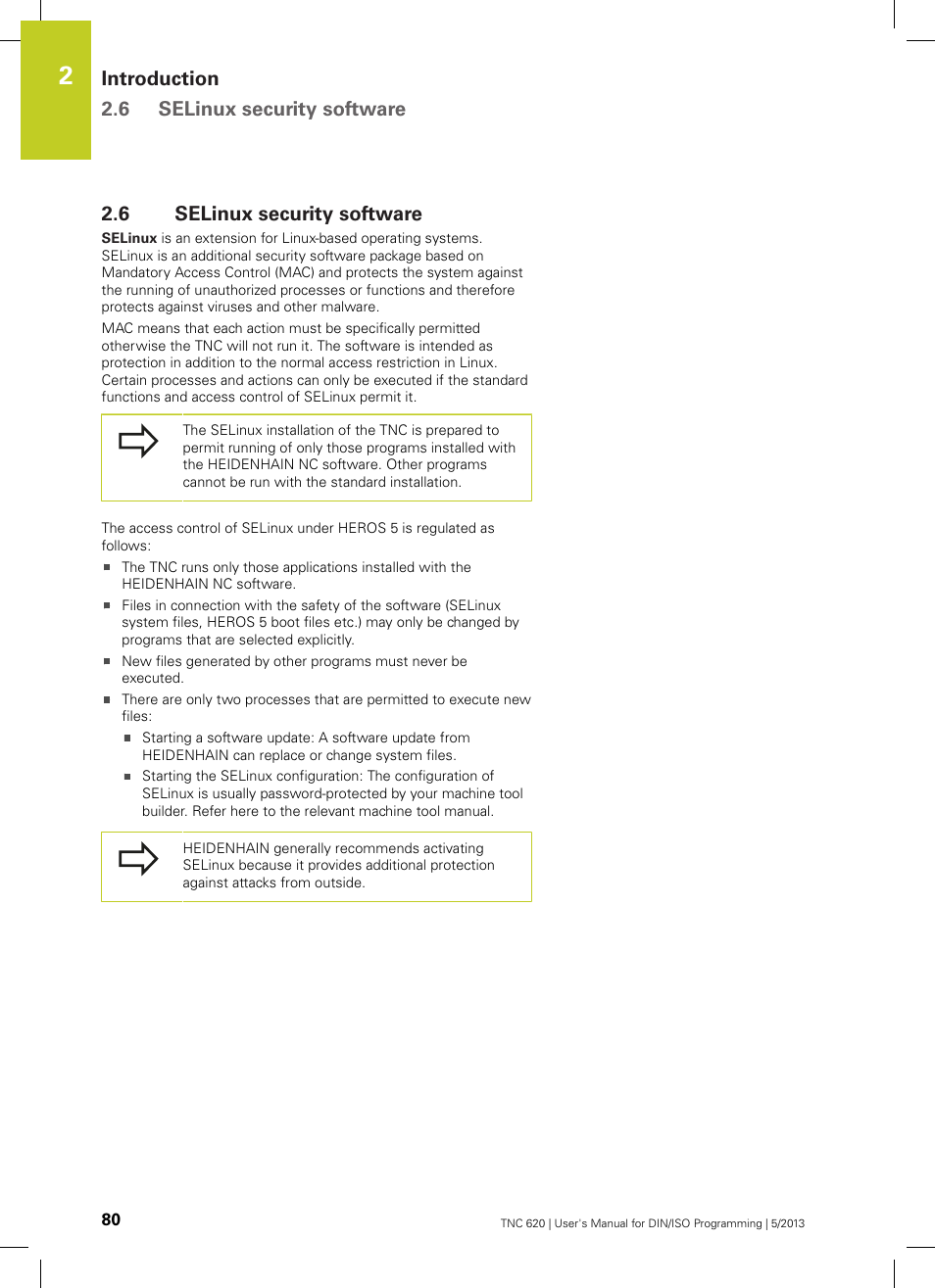 6 selinux security software, Selinux security software, Introduction 2.6 selinux security software | HEIDENHAIN TNC 620 (73498x-02) ISO programming User Manual | Page 80 / 557