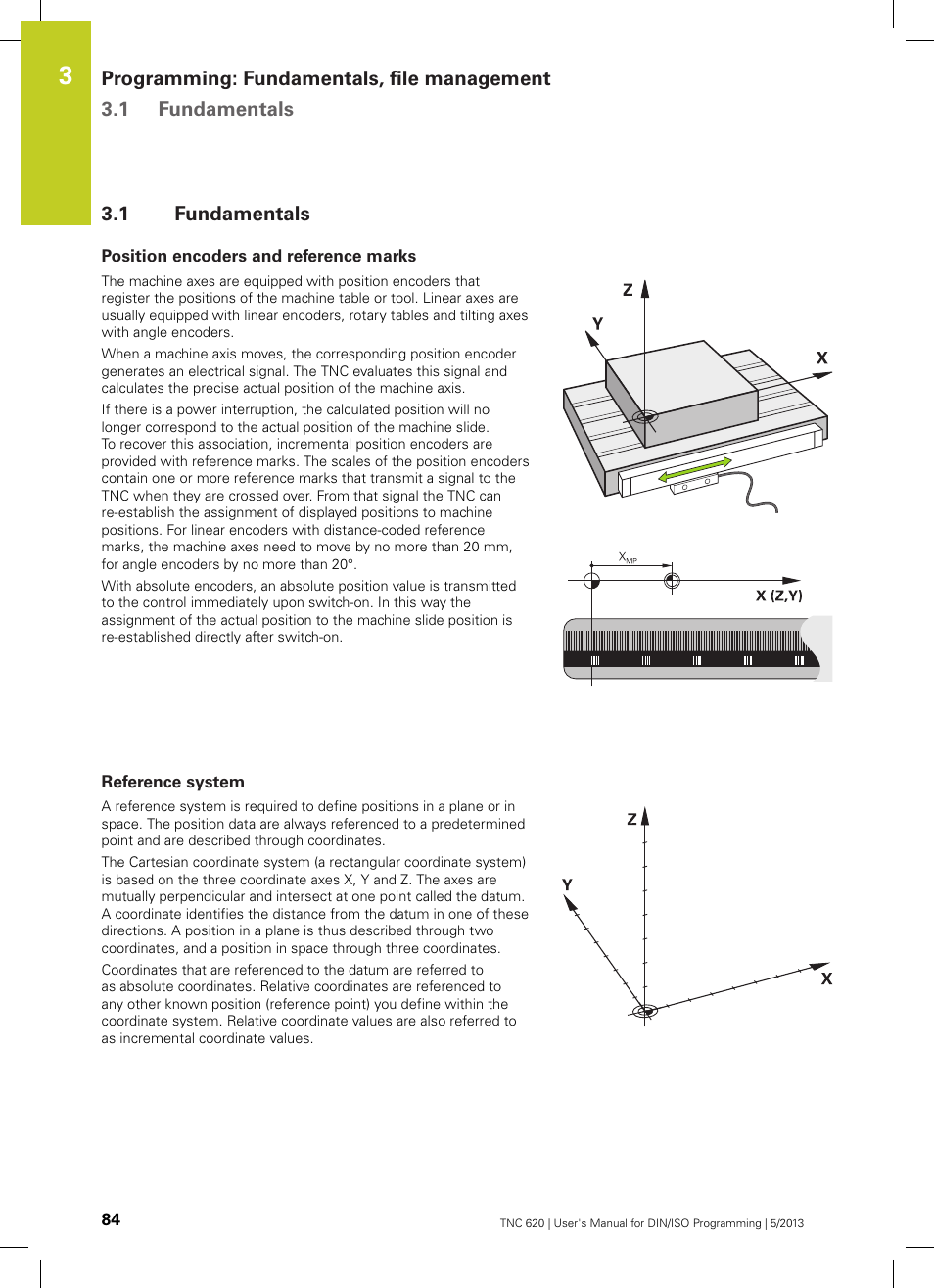 1 fundamentals, Position encoders and reference marks, Reference system | Fundamentals | HEIDENHAIN TNC 620 (73498x-02) ISO programming User Manual | Page 84 / 557