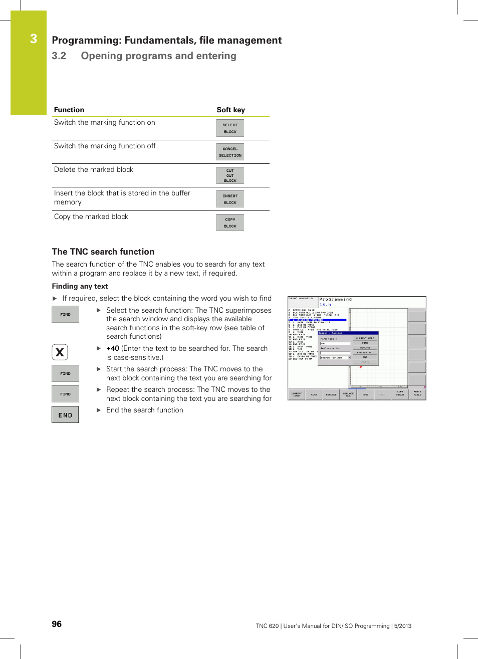 The tnc search function | HEIDENHAIN TNC 620 (73498x-02) ISO programming User Manual | Page 96 / 557