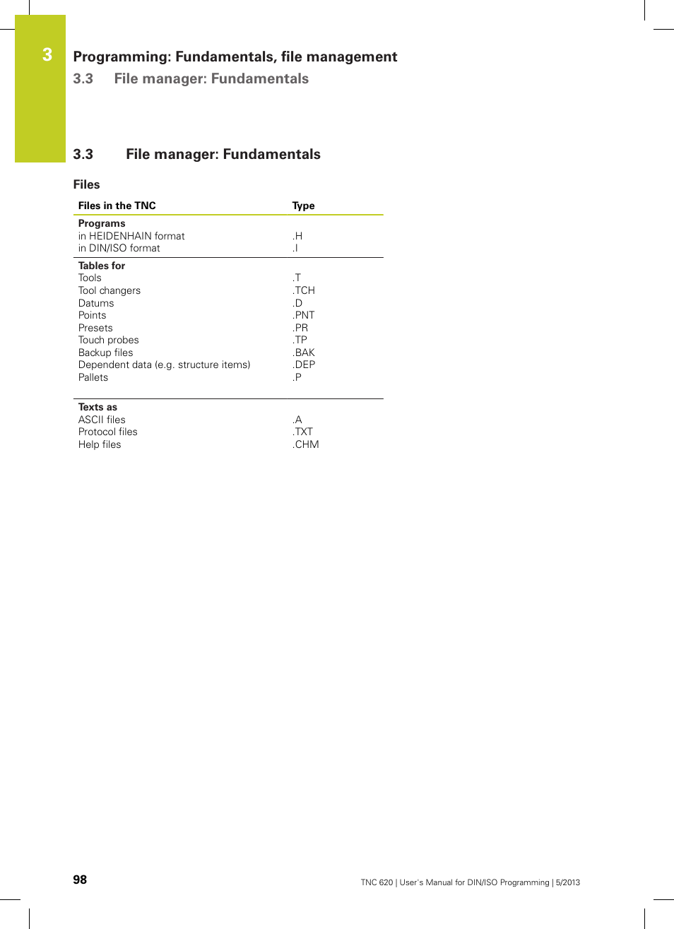 3 file manager: fundamentals, Files, File manager: fundamentals | HEIDENHAIN TNC 620 (73498x-02) ISO programming User Manual | Page 98 / 557