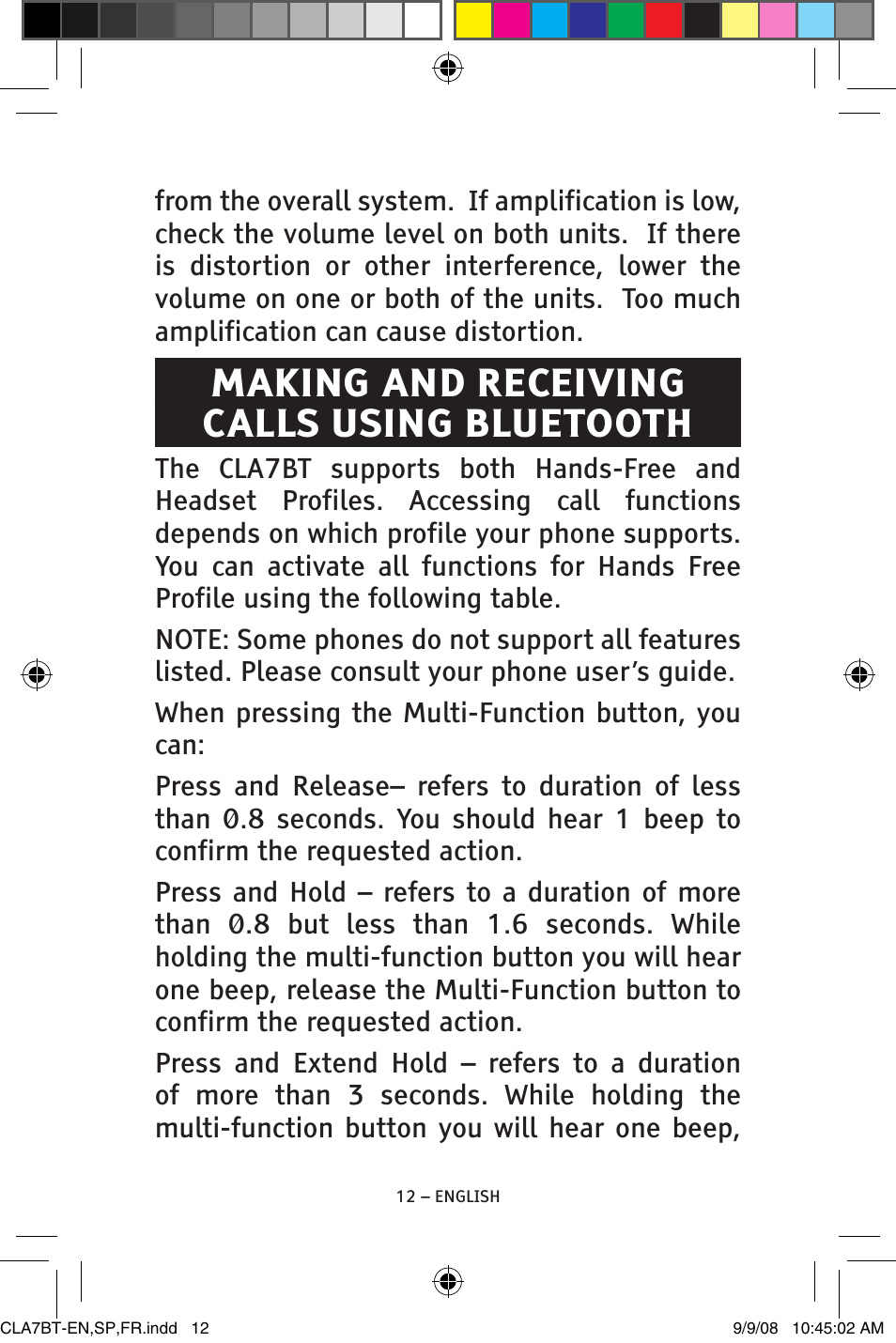 Making and receiving calls using bluetooth | ClearSounds CS-CLA7BT User Manual | Page 12 / 76