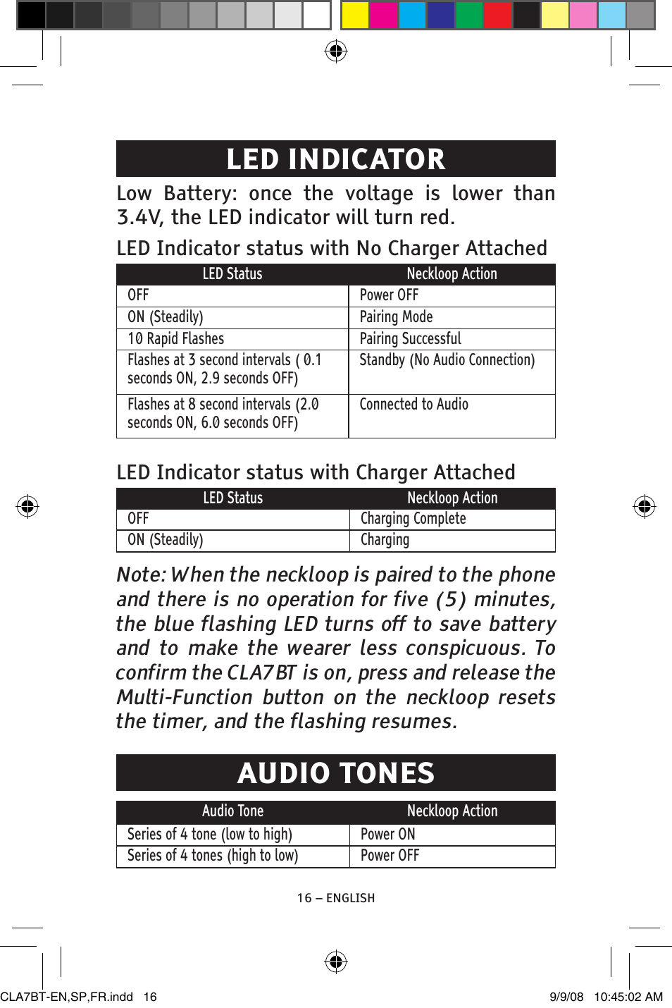 Led indicator, Audio tones, Led indicator status with charger attached | ClearSounds CS-CLA7BT User Manual | Page 16 / 76