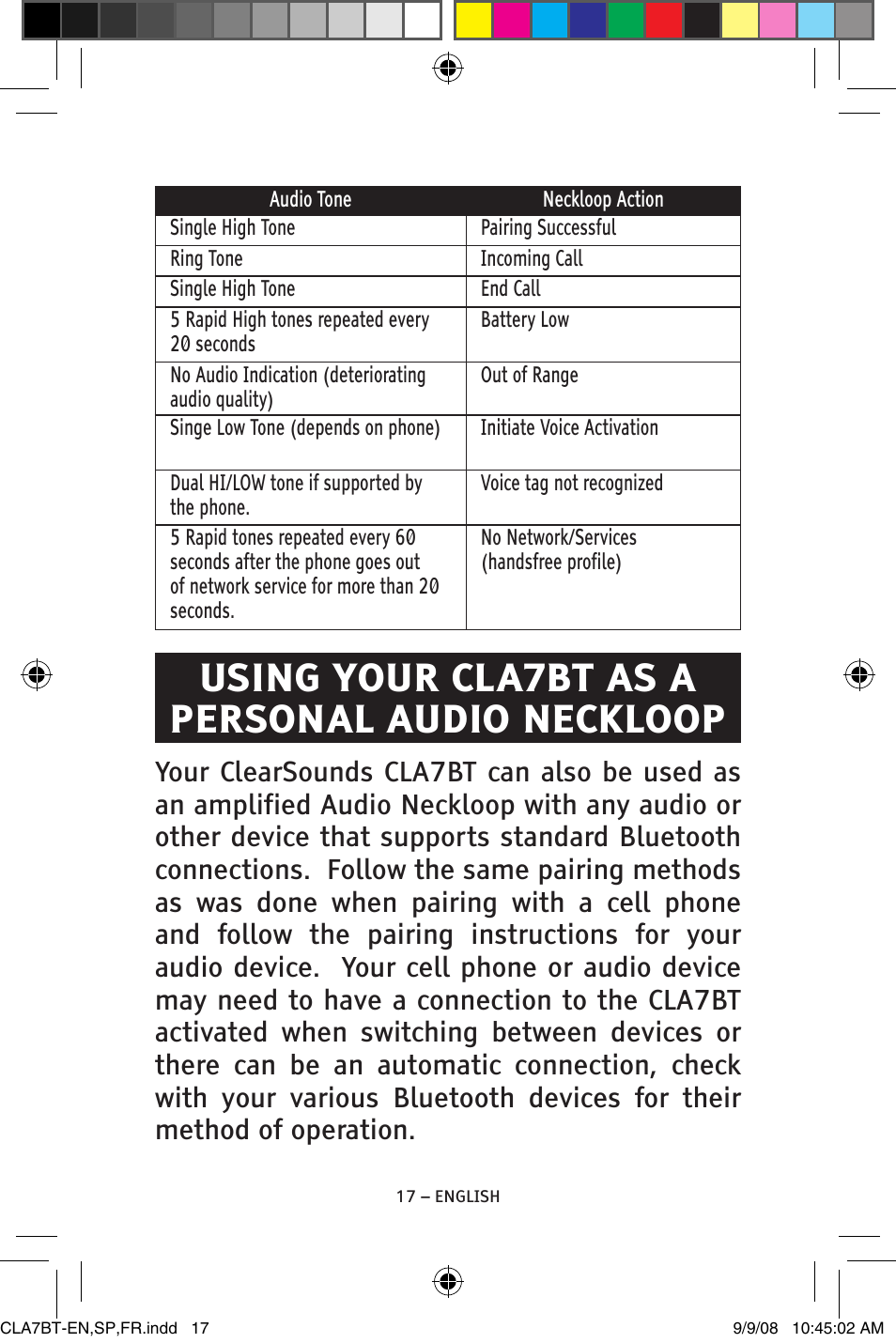 Using your cla7bt as a personal audio neckloop | ClearSounds CS-CLA7BT User Manual | Page 17 / 76