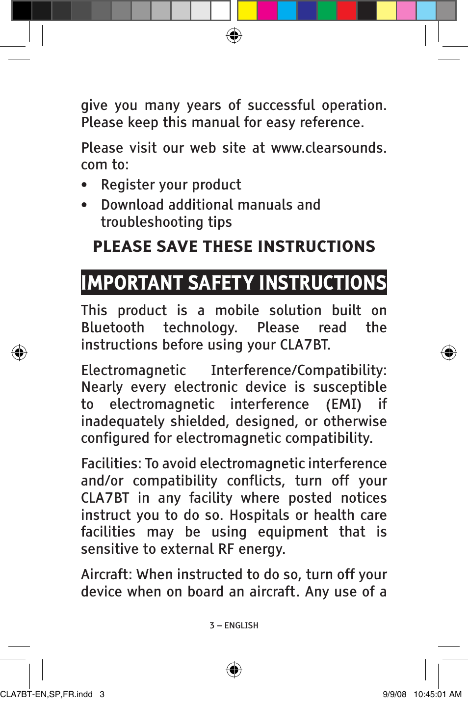 Important safety instructions, Please save these instructions | ClearSounds CS-CLA7BT User Manual | Page 3 / 76