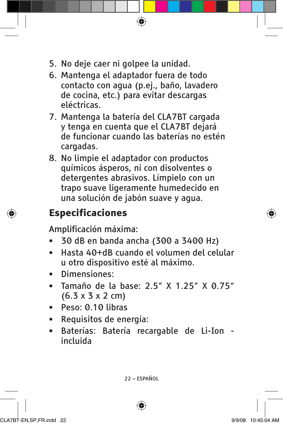 Especificaciones | ClearSounds CS-CLA7BT User Manual | Page 46 / 76