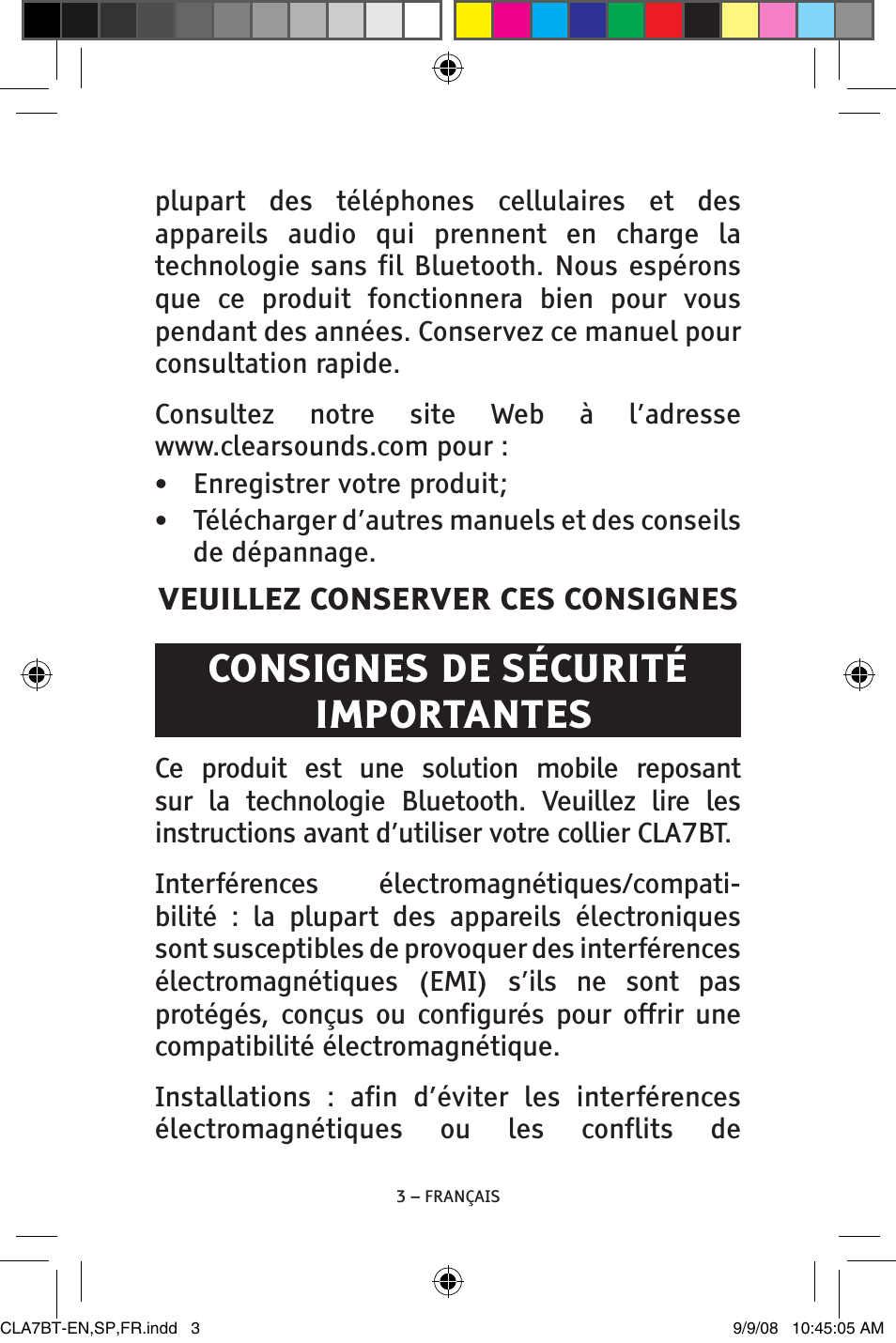 Consignes de sécurité importantes, Veuillez conserver ces consignes | ClearSounds CS-CLA7BT User Manual | Page 53 / 76